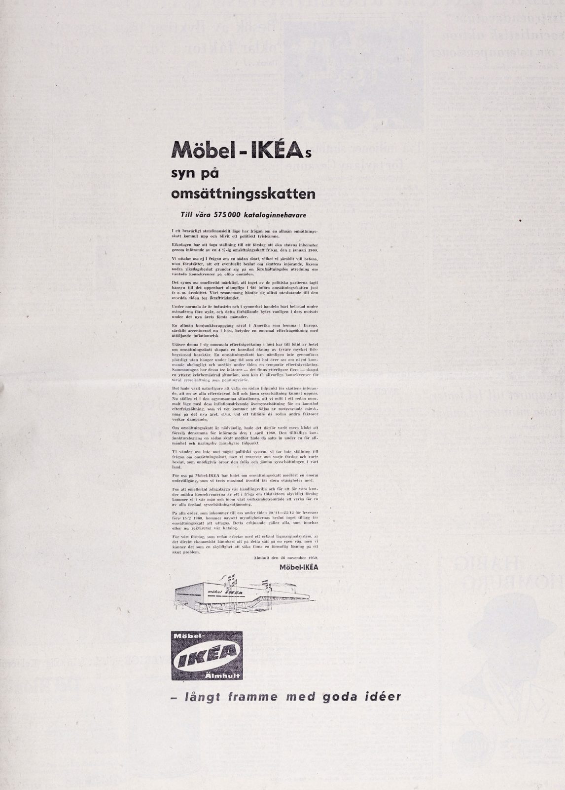 Black and white ad with a drawing of the IKEA store in Älmhult, headline 