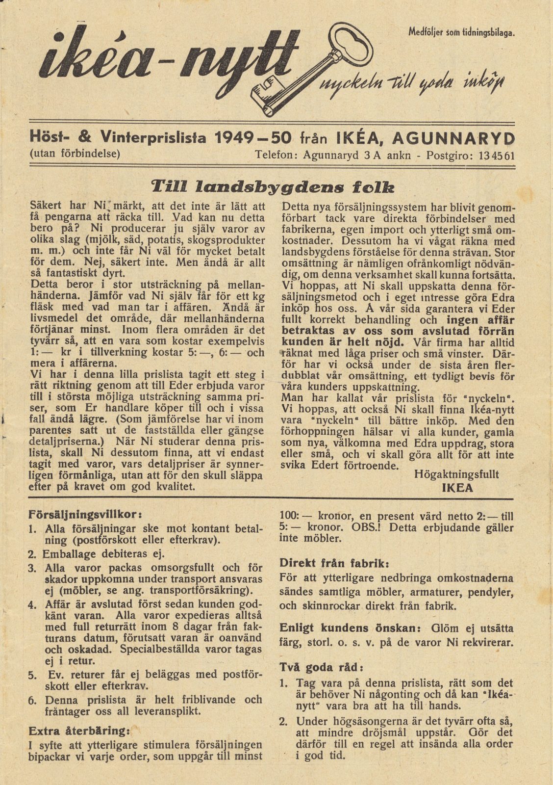 Cover of mail order catalogue ikéa-nytt 1949-50, with a long text headlined 