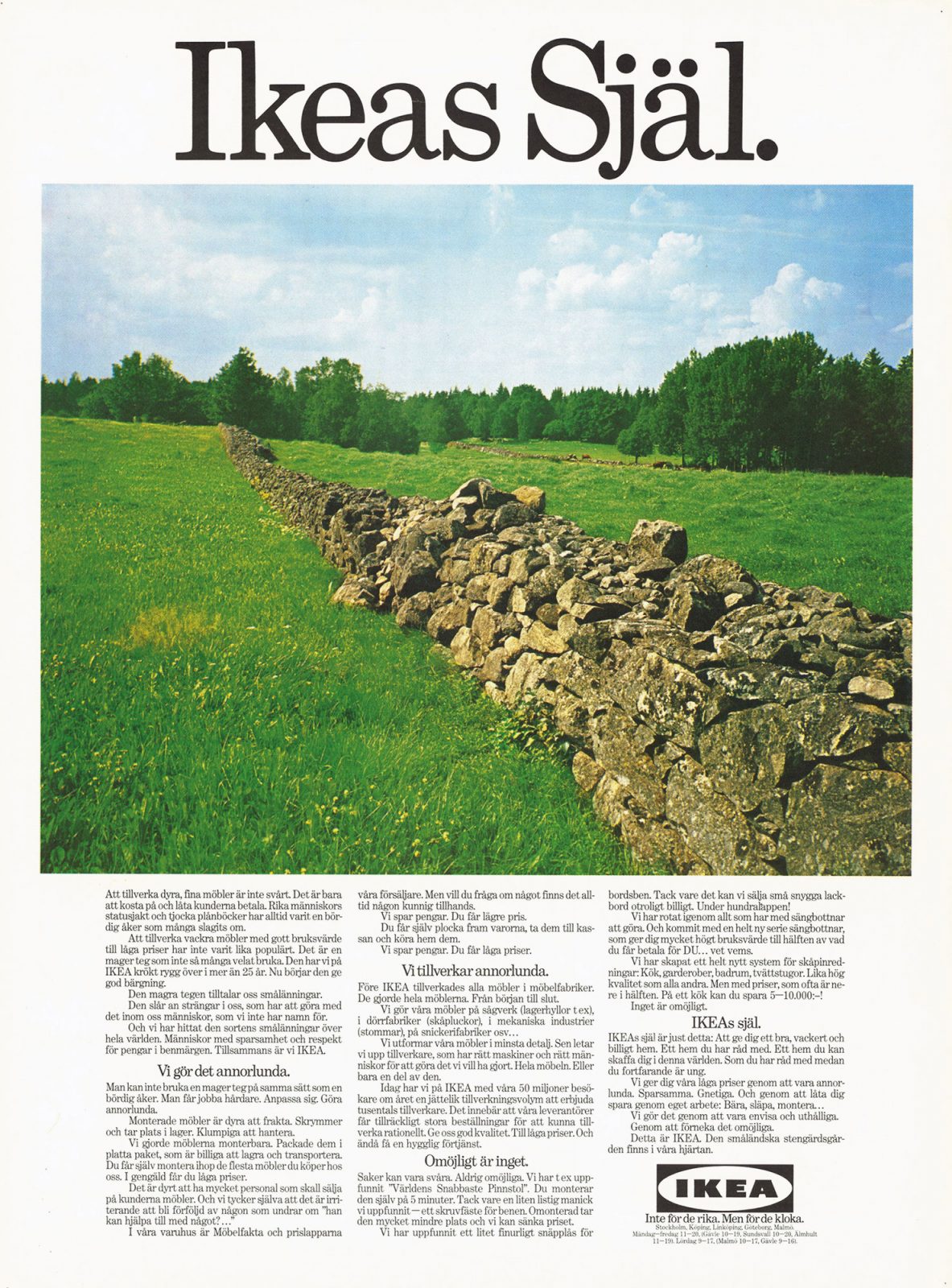 Whole page ad with photo of an older stone wall in Swedish landscape, headline IKEA’s soul and a long text.