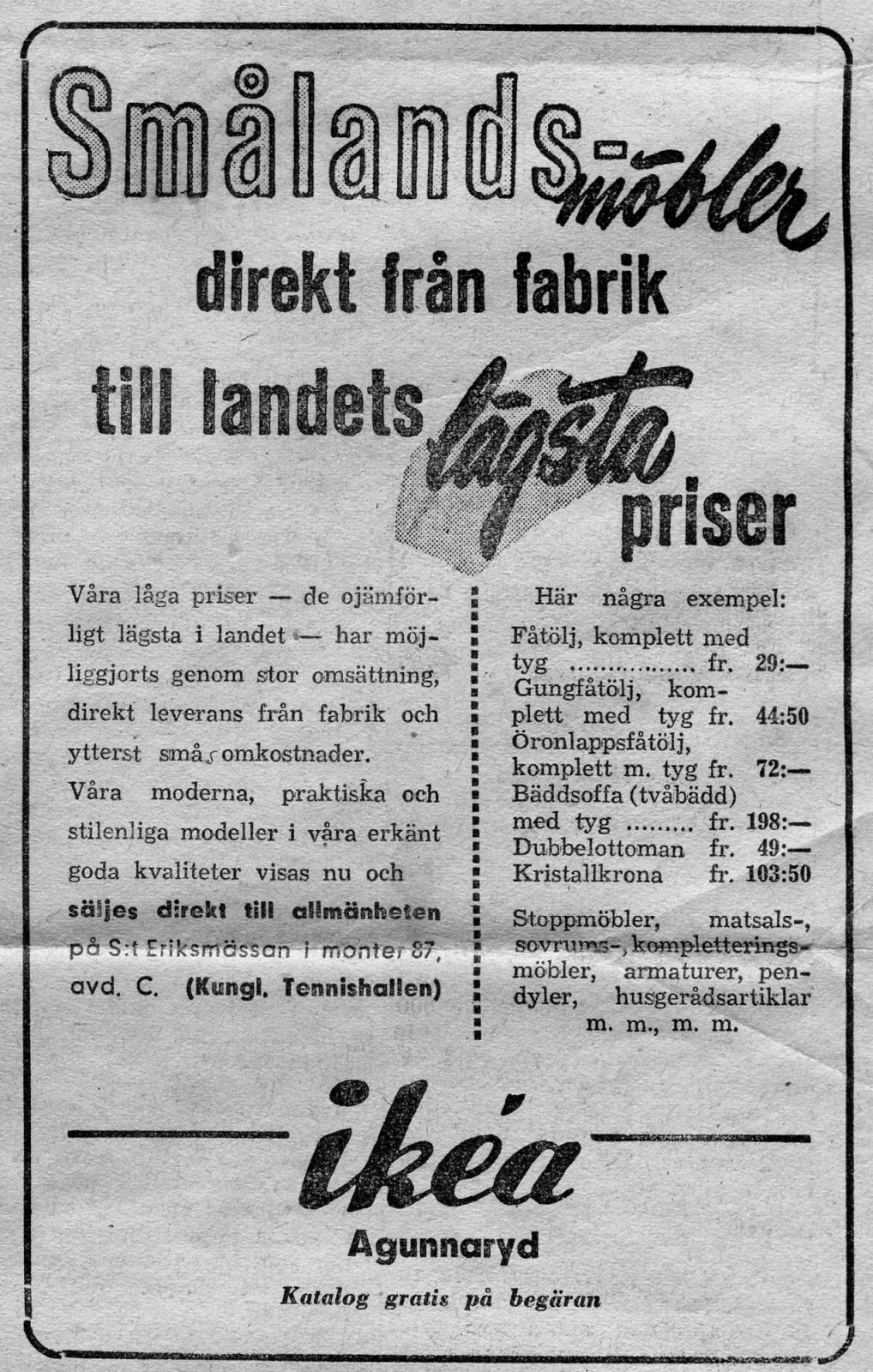 Svartvit tidningsannons i 1950-talsstil med text och stor logo.