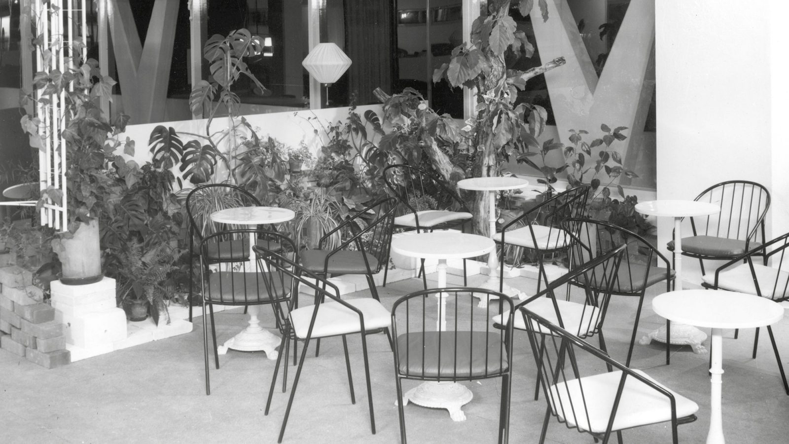 Small cafe corner in business premises with black chairs, small white tables and green plants.