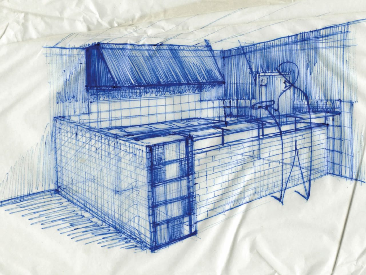 Pen sketch of compact restaurant kitchen.