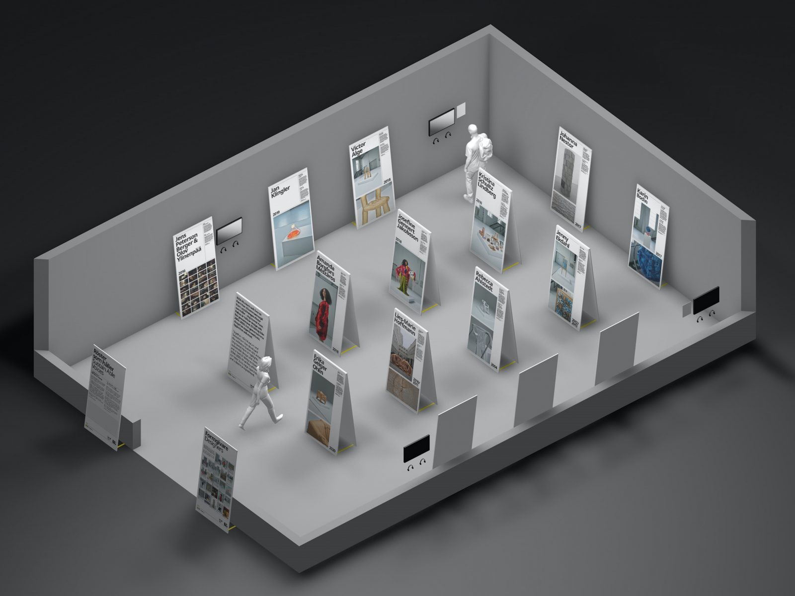 3d rendition showing exhibition space from above with big posters with text and images.