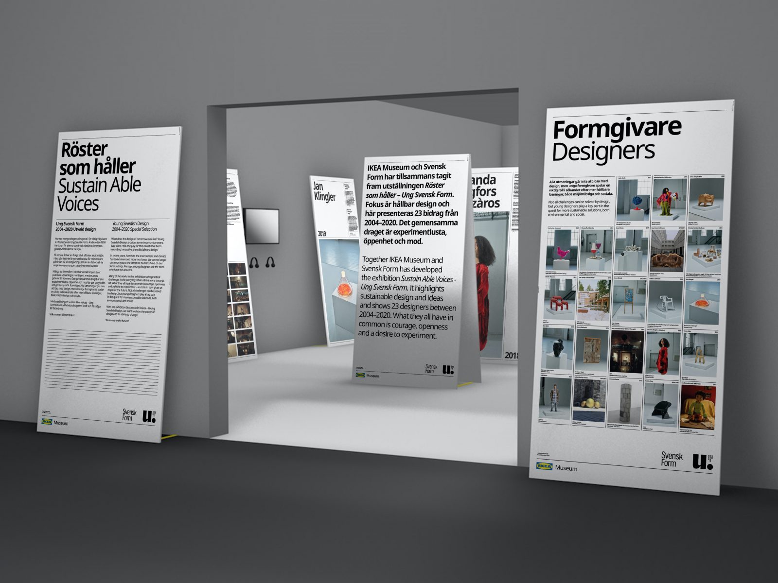 3d rendition showing exhibition space with big posters with text and images.