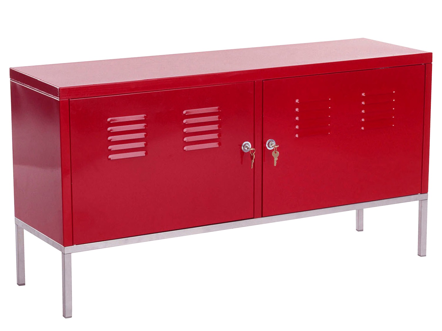 Low red metal cabinet with two doors and grey legs.