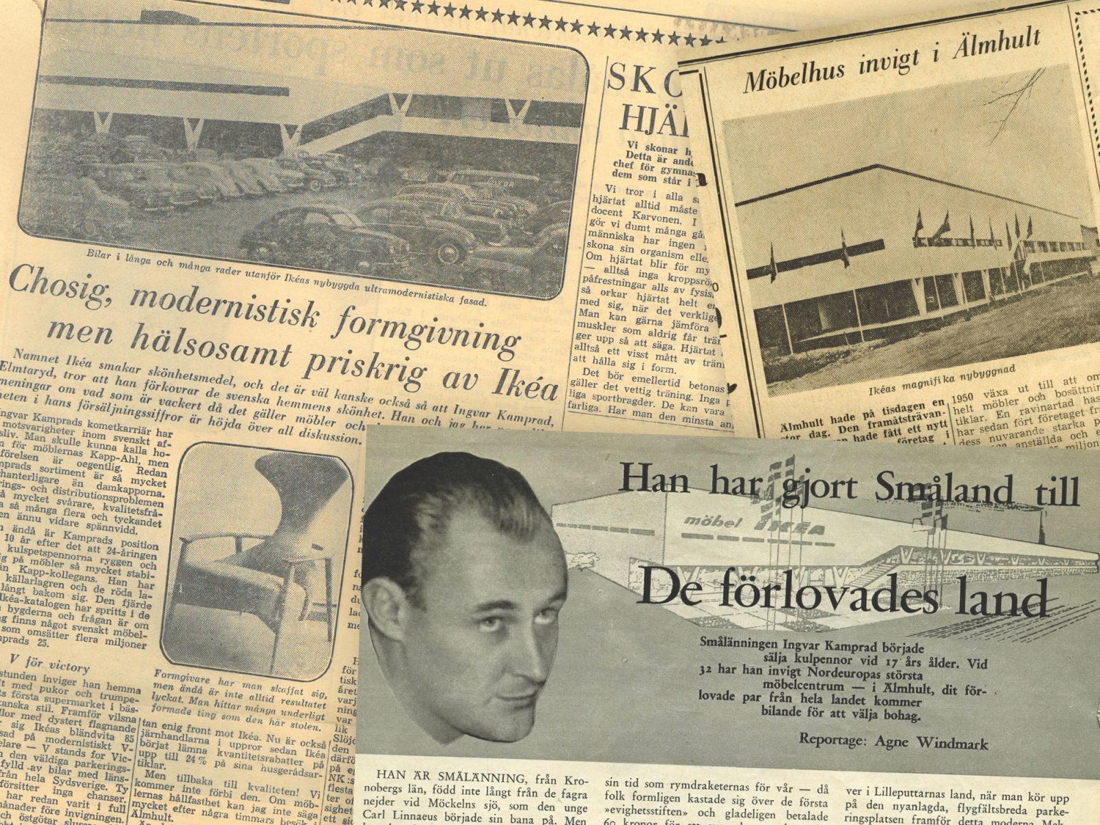 Mixed press cuttings from 1950s newspapers with articles about the opening of IKEA in Älmhult in 1958.