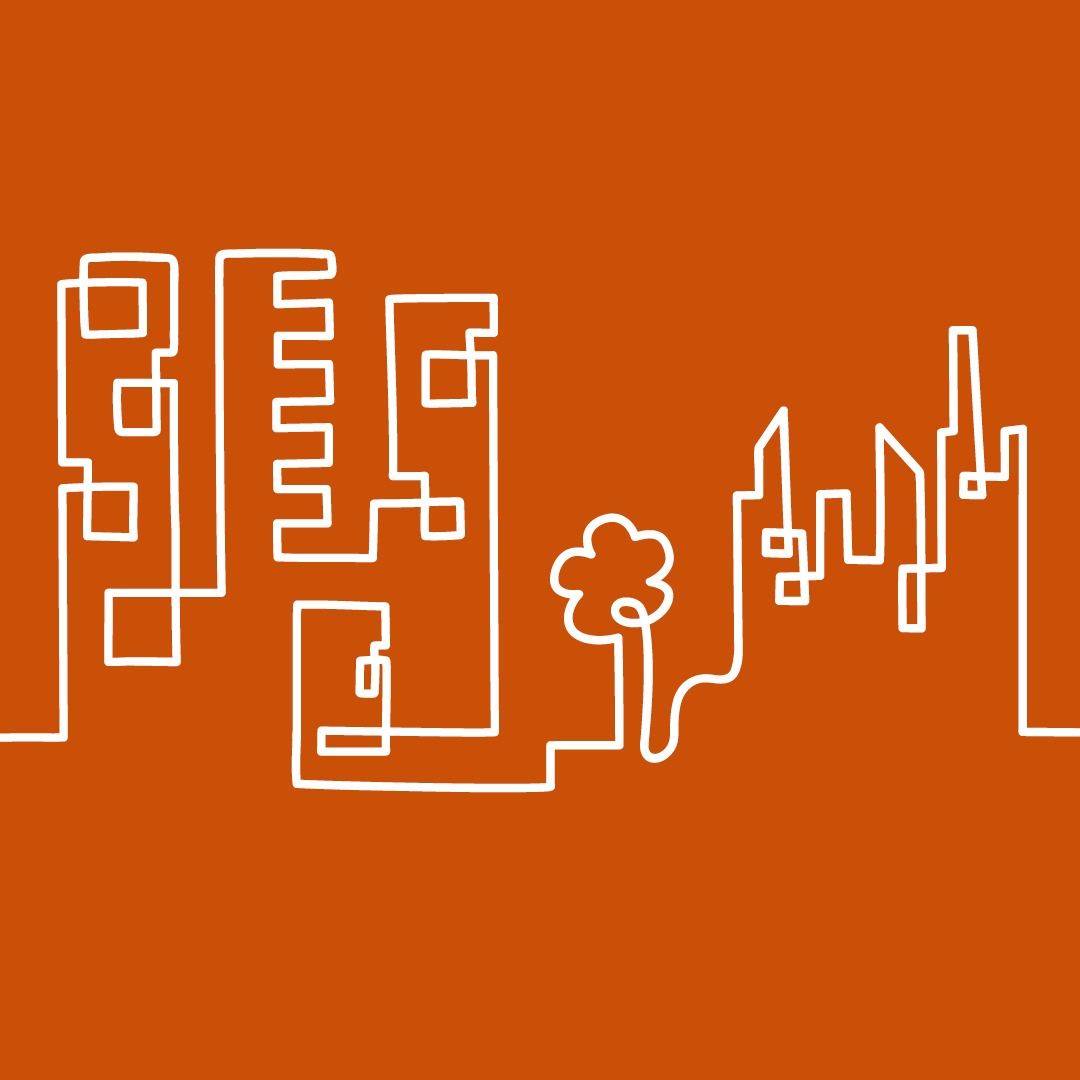 Orange bakgrund med en illustrerad linje som visar stadslinje med höghus och träd.