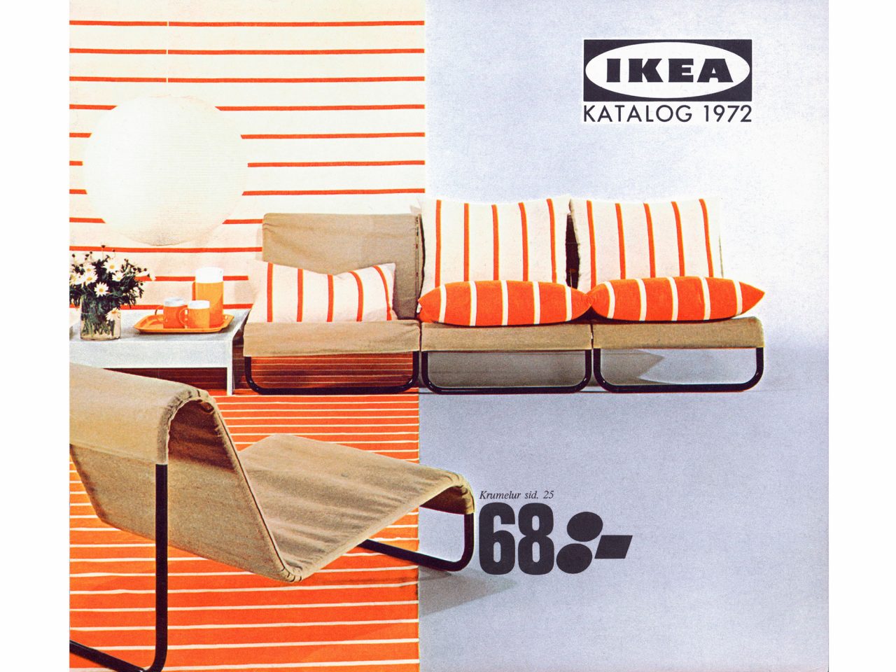 IKEA katalogomslag från 1972 med textilier och kuddar i randiga tyger i orange och vitt, STRIX och STRAX.
