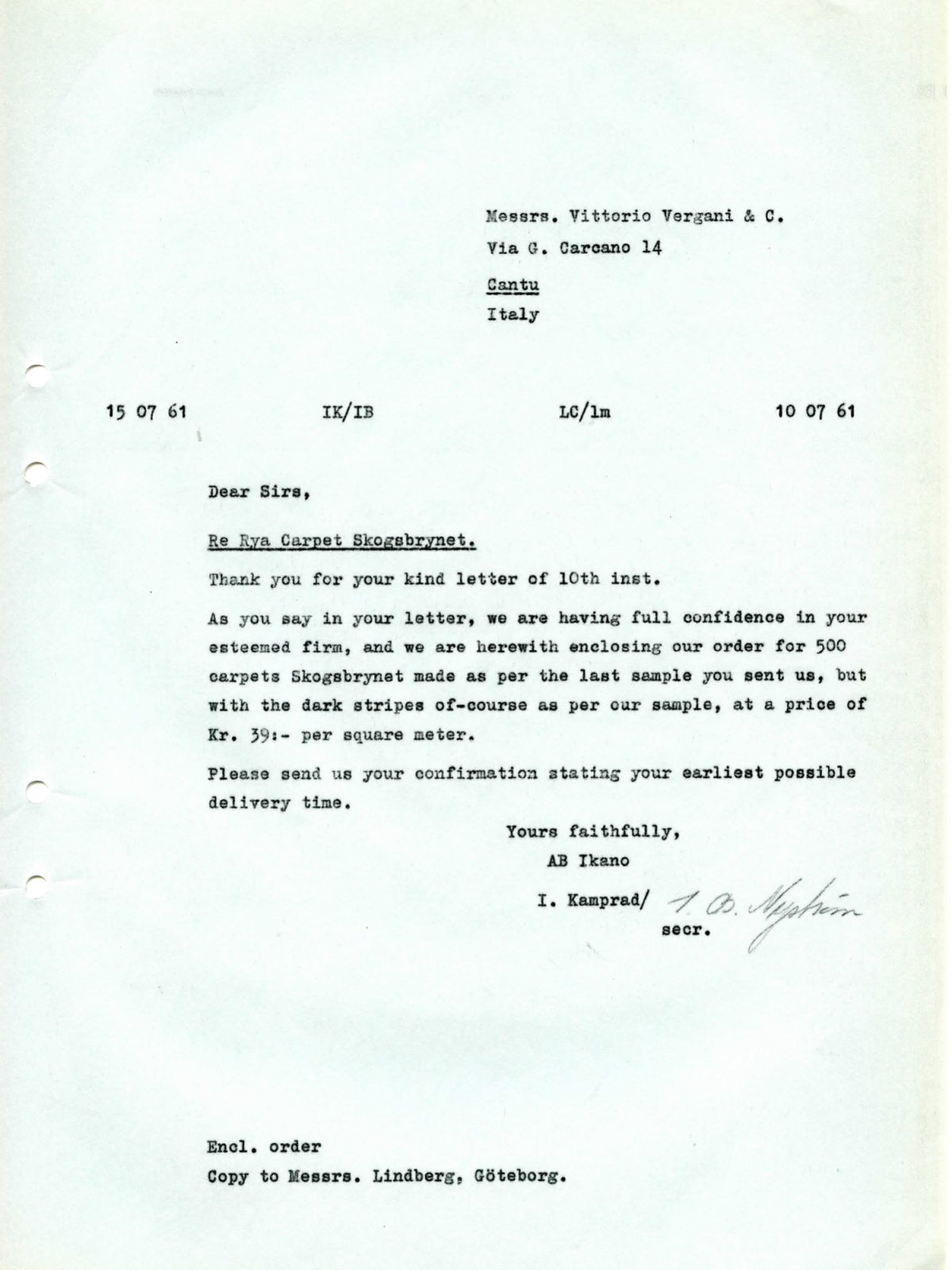 Faksimil av maskinskrivet brev från Ingvar Kamprad till Vittorio Vergani & Co i Italien, daterat 15 juli 1961.