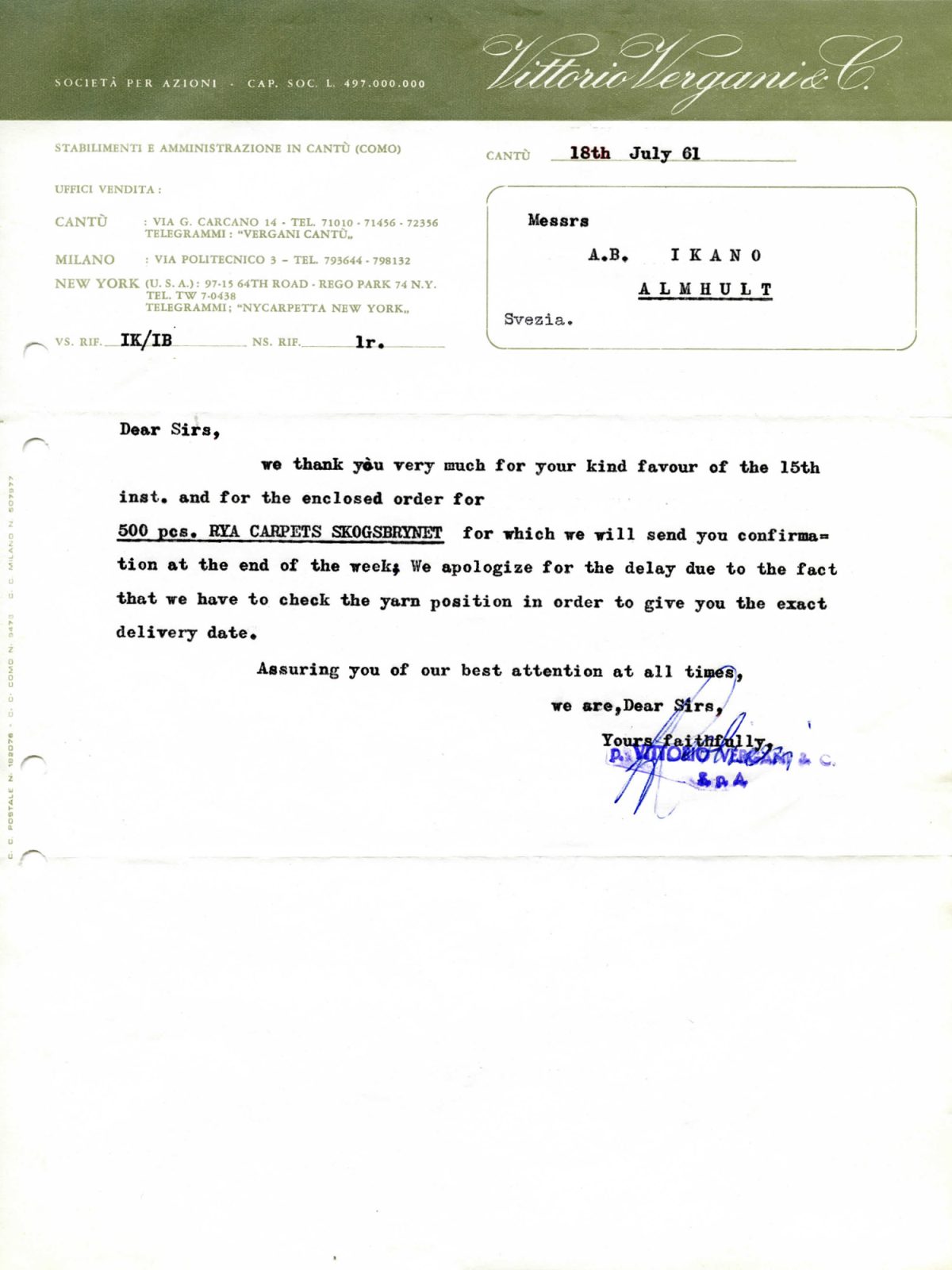 Faksimil av maskinskrivet brev från Vittorio Vergani & Co, Italien, till Ingvar Kamprad, IKEA, Sverige, daterat 18 juli 1961.