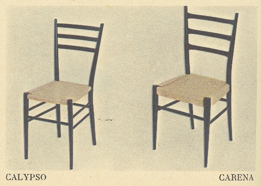 Gammal bild ur IKEA katalogen 1962, två stolar i svart trä, CARENA och CALYPSO, med flätad sits och rygg.
