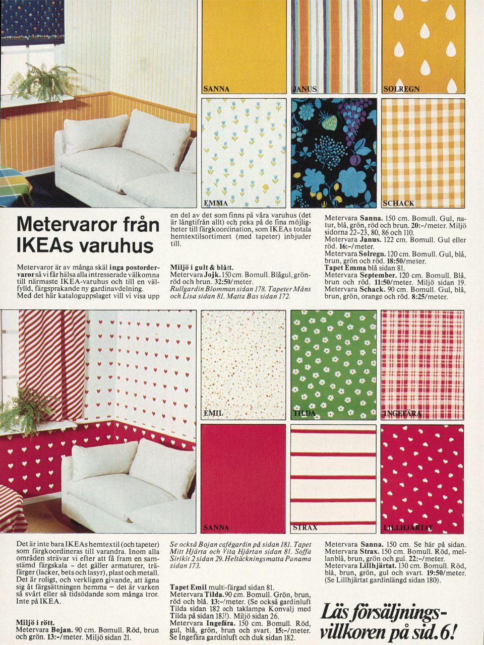 Sida i IKEA katalogen 1976 visar många olika, färgstarka och mönstrade metervaror.