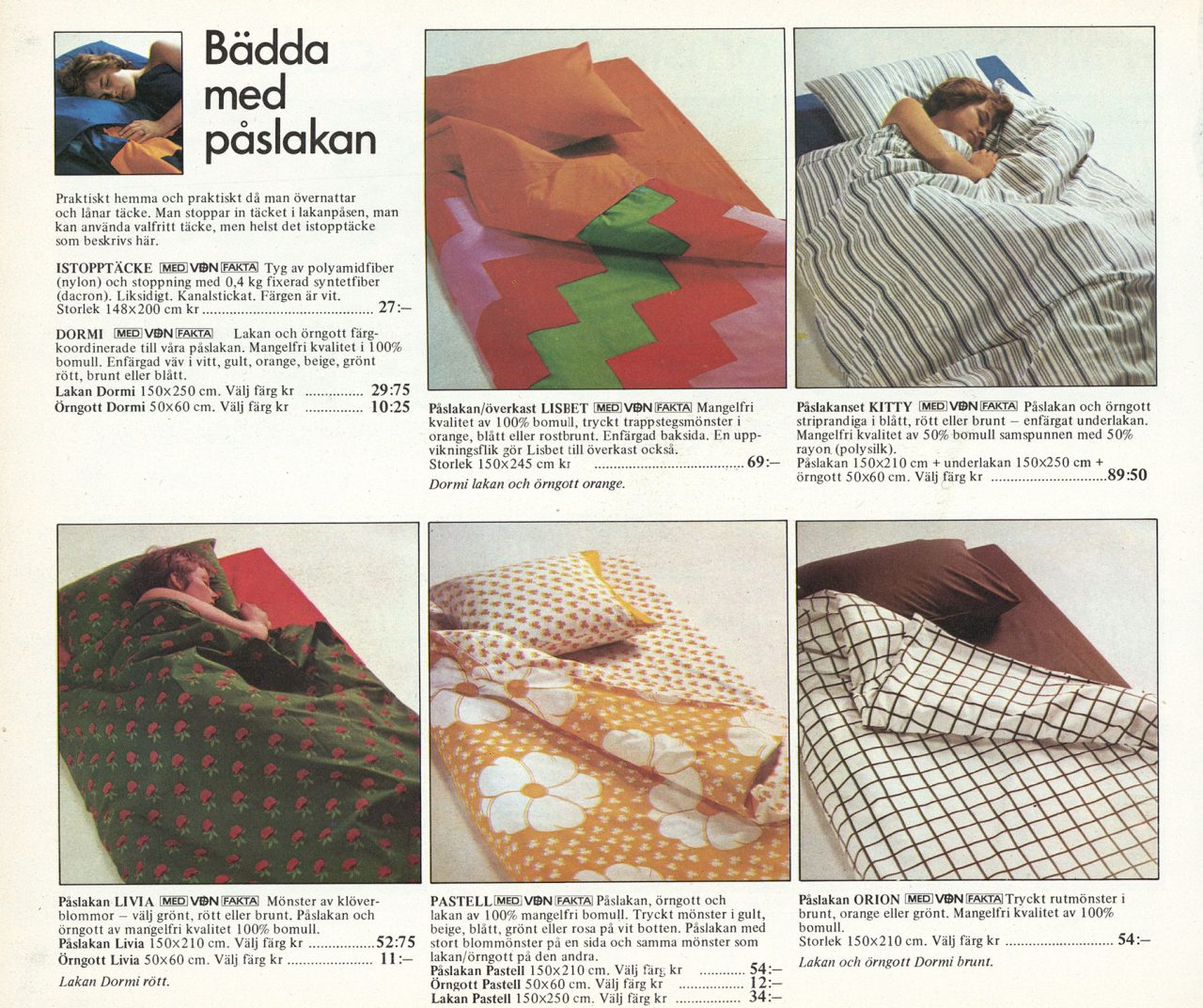 Sida i IKEA katalogen 1975 med påslakan i olika färger och mönster.