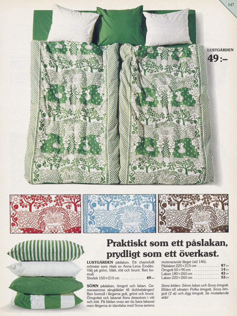 Sida i IKEA katalogen 1978, sängar bäddade med påslakan LUSTGÅRDEN i grönt, samt bilder av mönstret i brunt, rött och blått.