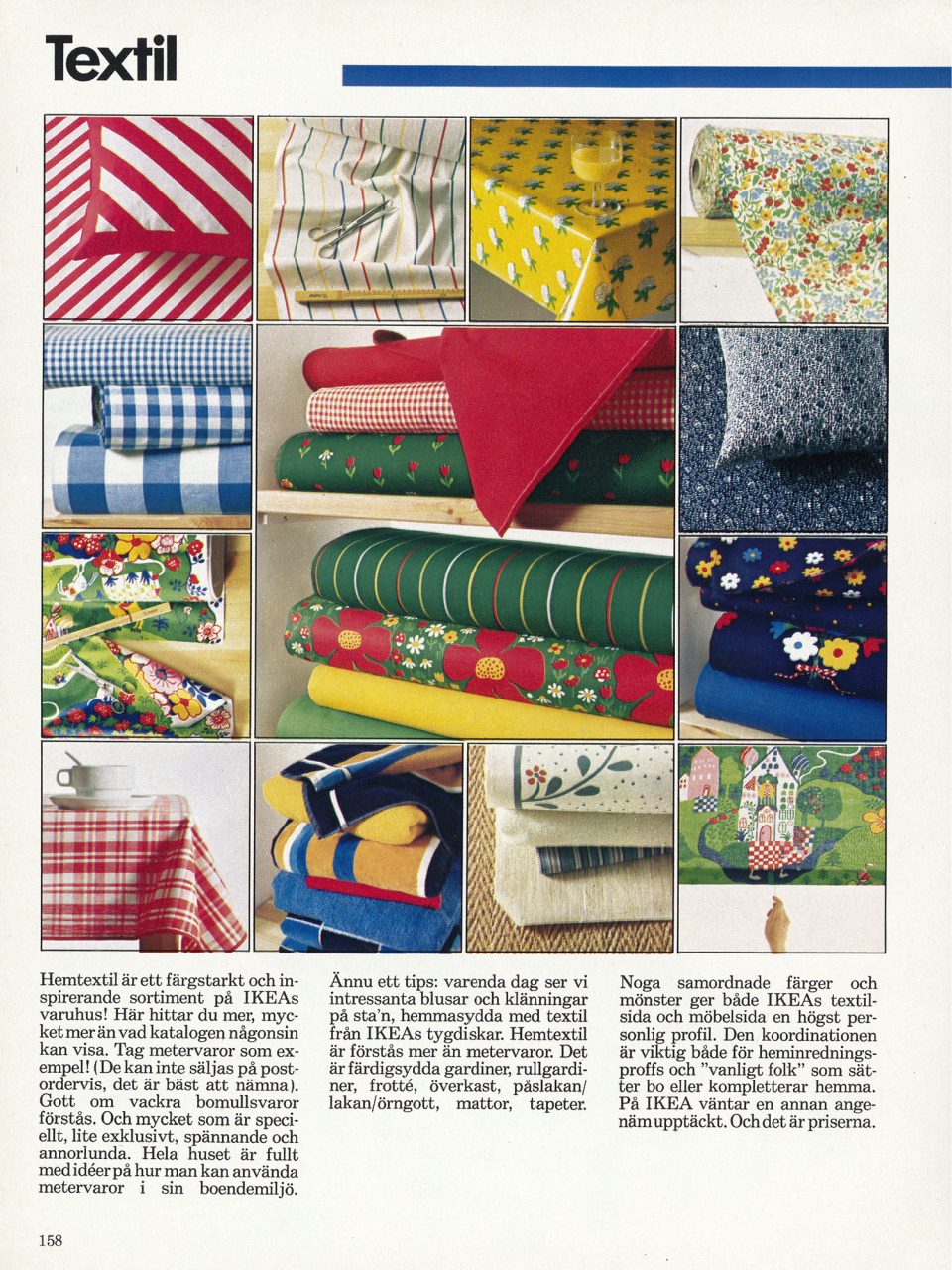 Sida om textil i IKEA katalogen 1977, många bilder visar färgstarka textilier, flera med grafiska mönster eller blommönster.