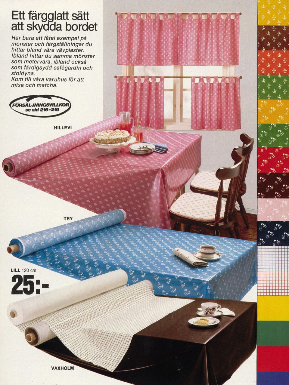 Sida i IKEA katalogen 1980 med färgglada vaxdukar och gardiner med vitt mönster.