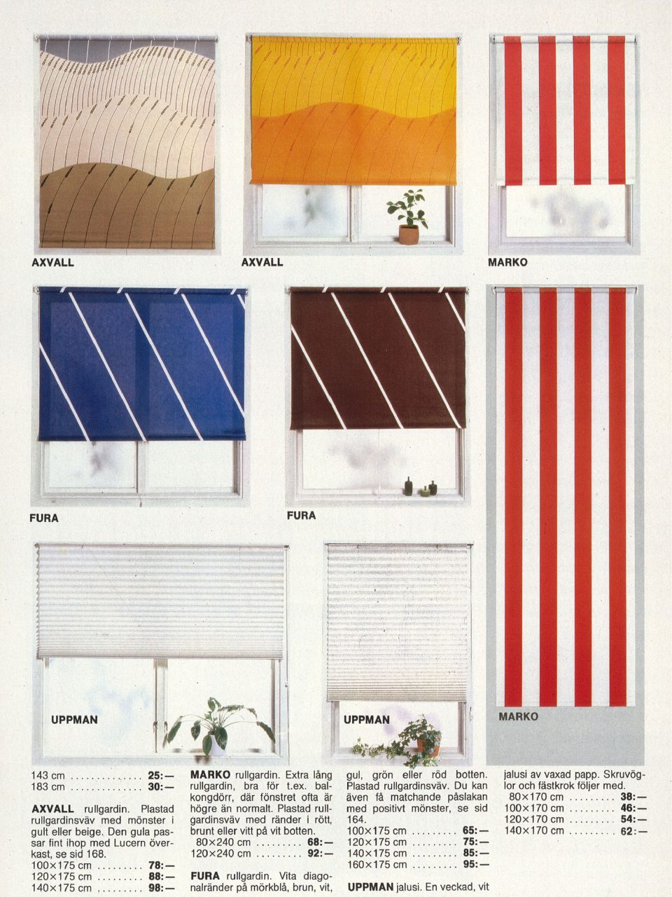 Sida i IKEA katalogen 1980 med rullgardiner i olika mönster som en solnedgång, ett vajande fält eller enkla ränder.