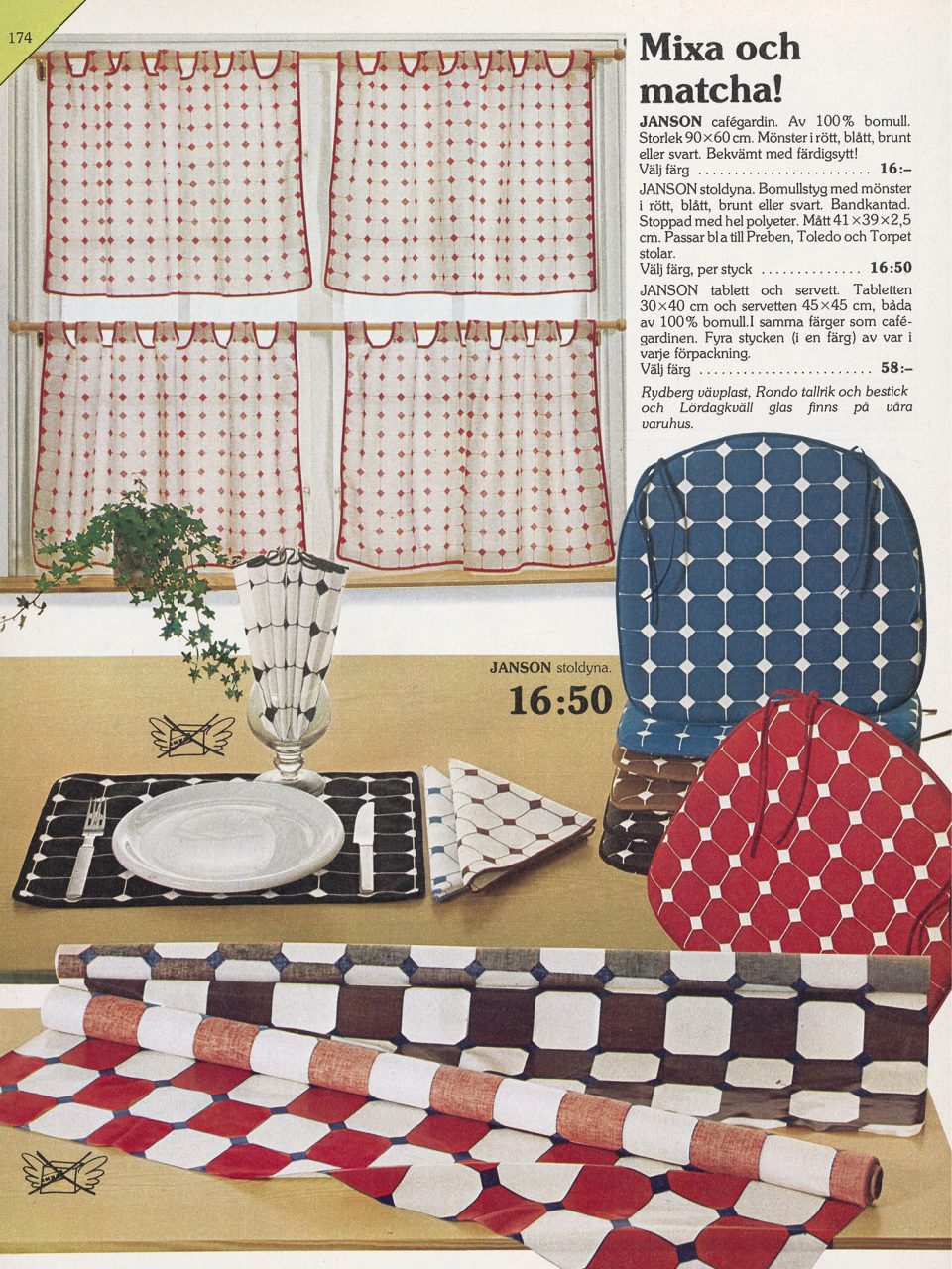 Sida i IKEA katalogen 1978. Under rubriken Mixa och matcha syns bl.a. gardiner, dukar och sittdynor.
