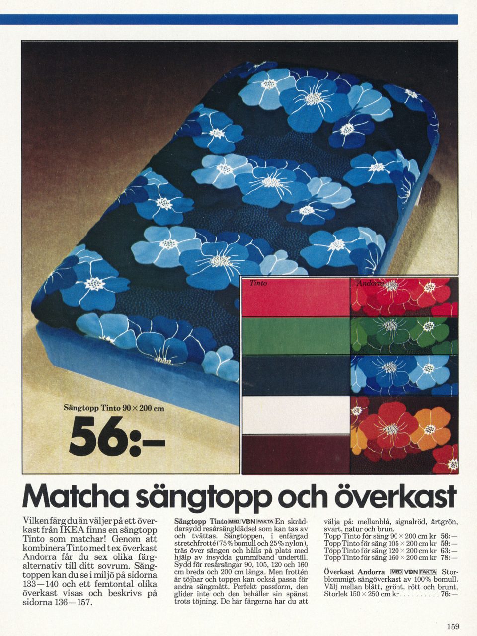 Sida i IKEA katalogen 1977 med sängtopp TINTO med stora blå blommor på svart botten samt exempel på andra färgställningar.