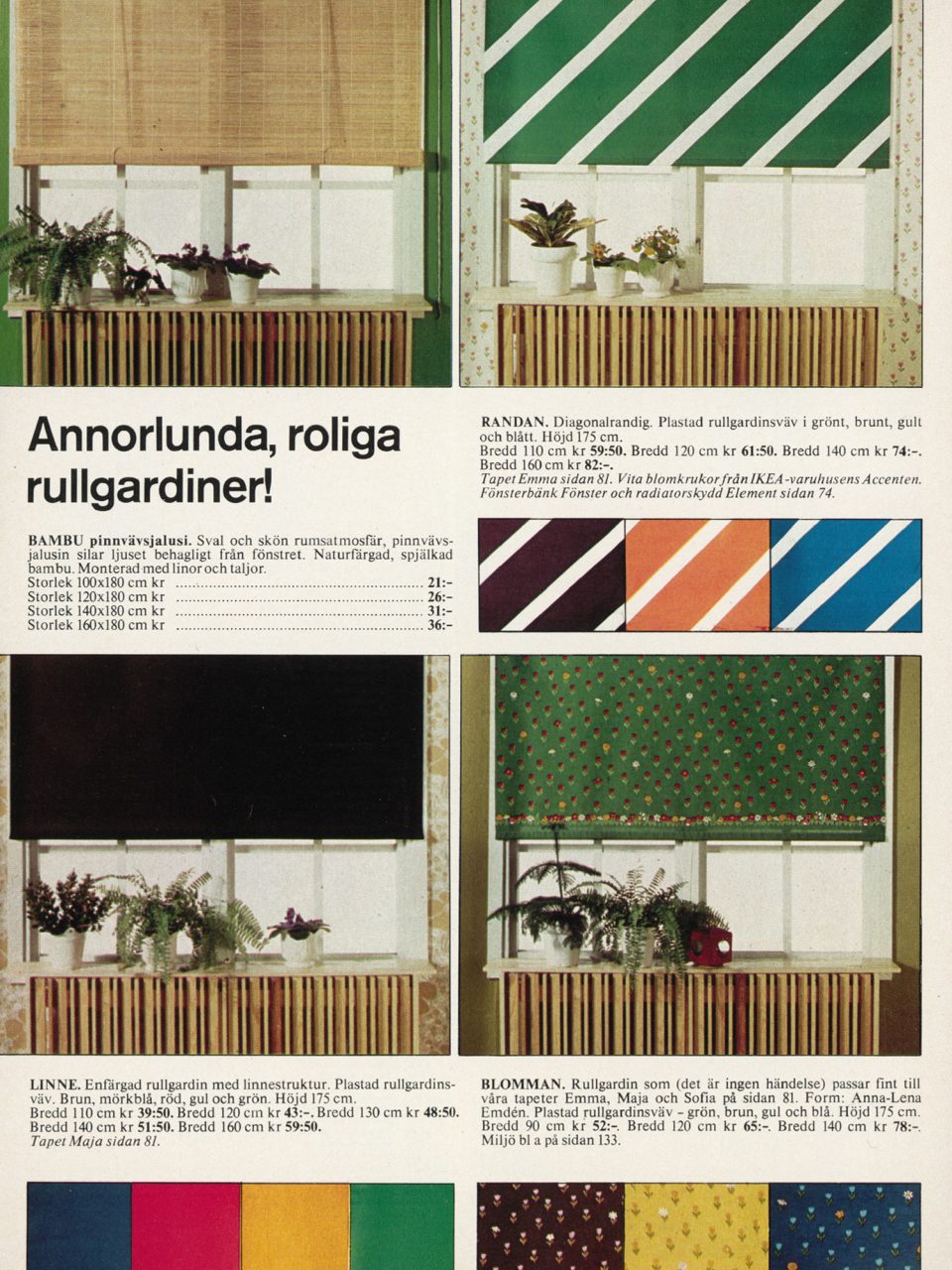 Sida i IKEA katalogen 1976 med rullgardiner i olika kulörer och mönster samt i bambu.