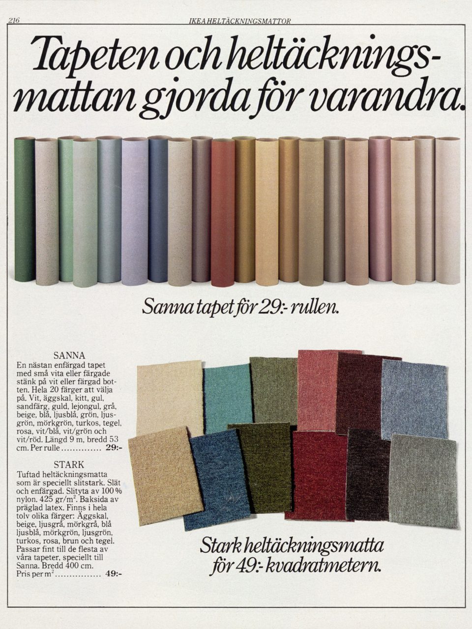 Sida i IKEA katalogen 1982 med tapetrullar i pastellfärger ur serien SANNA, samt mattprover ur serien STARK i mörka färger.