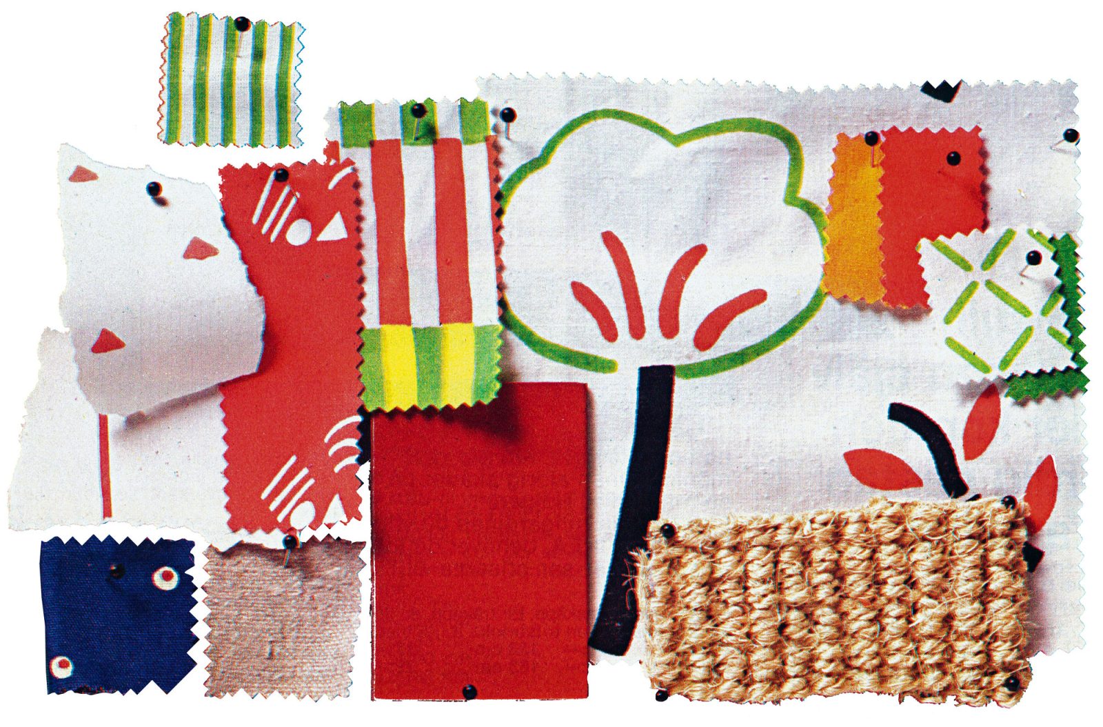 Collage med olika mönstrade tyger från designkollektivet 10-gruppens första kollektion 1979.