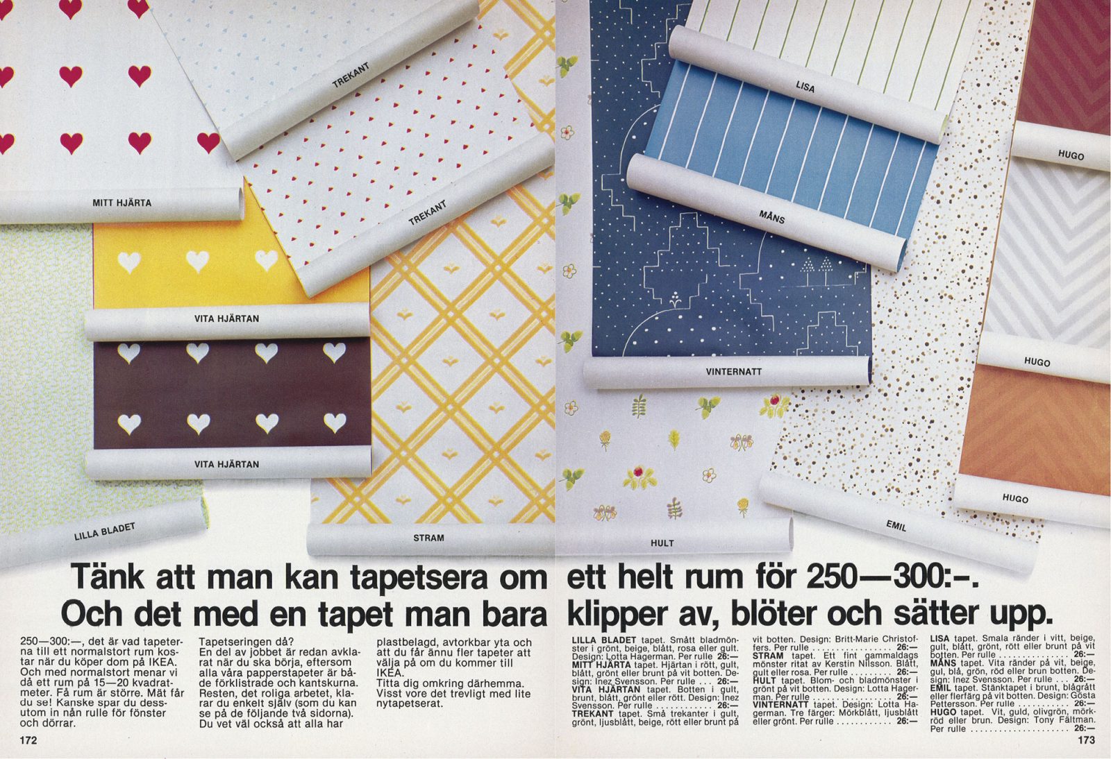 Uppslag i IKEA katalogen 1979 med tapeter i olika mönster, bl.a. randiga, med röda hjärtan, stjärnhimmel och prickar.