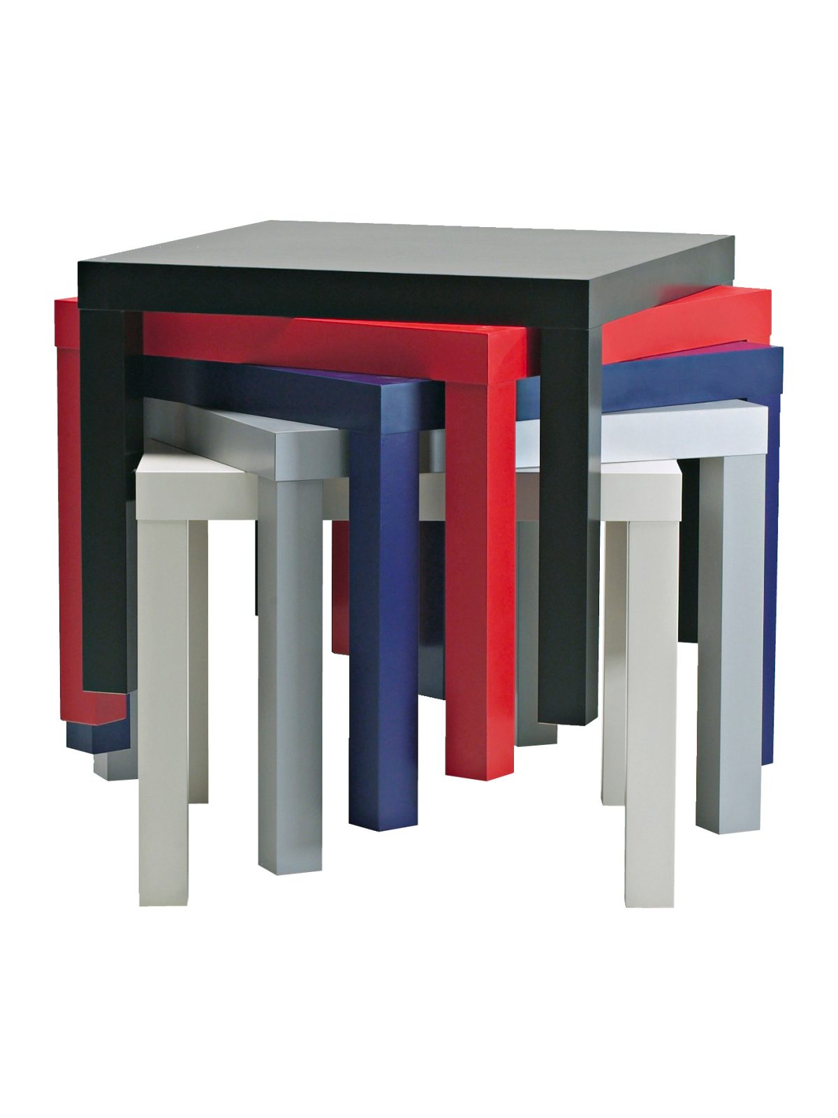 Fyrkantiga små bord, LACK, i olika färger, travade på varandra.