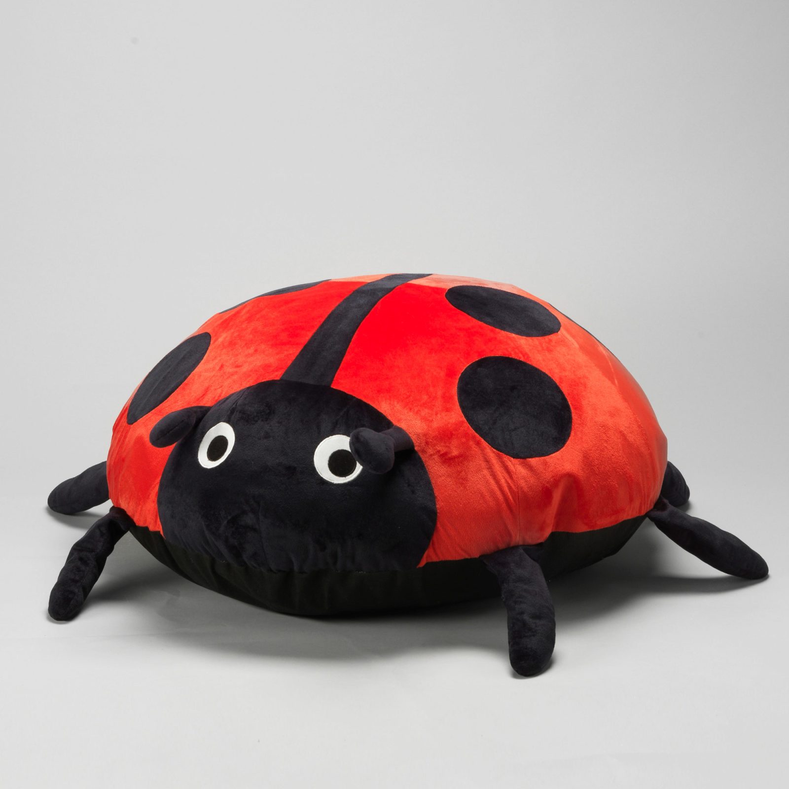 Pillow designed as a red and black ladybird with big round eyes.