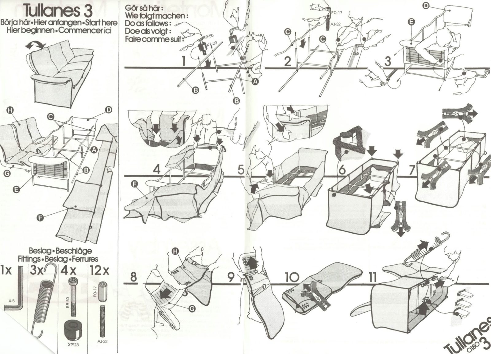 Complicated and hard-to-understand assembly instructions from IKEA for the TULLANÄS armchair.