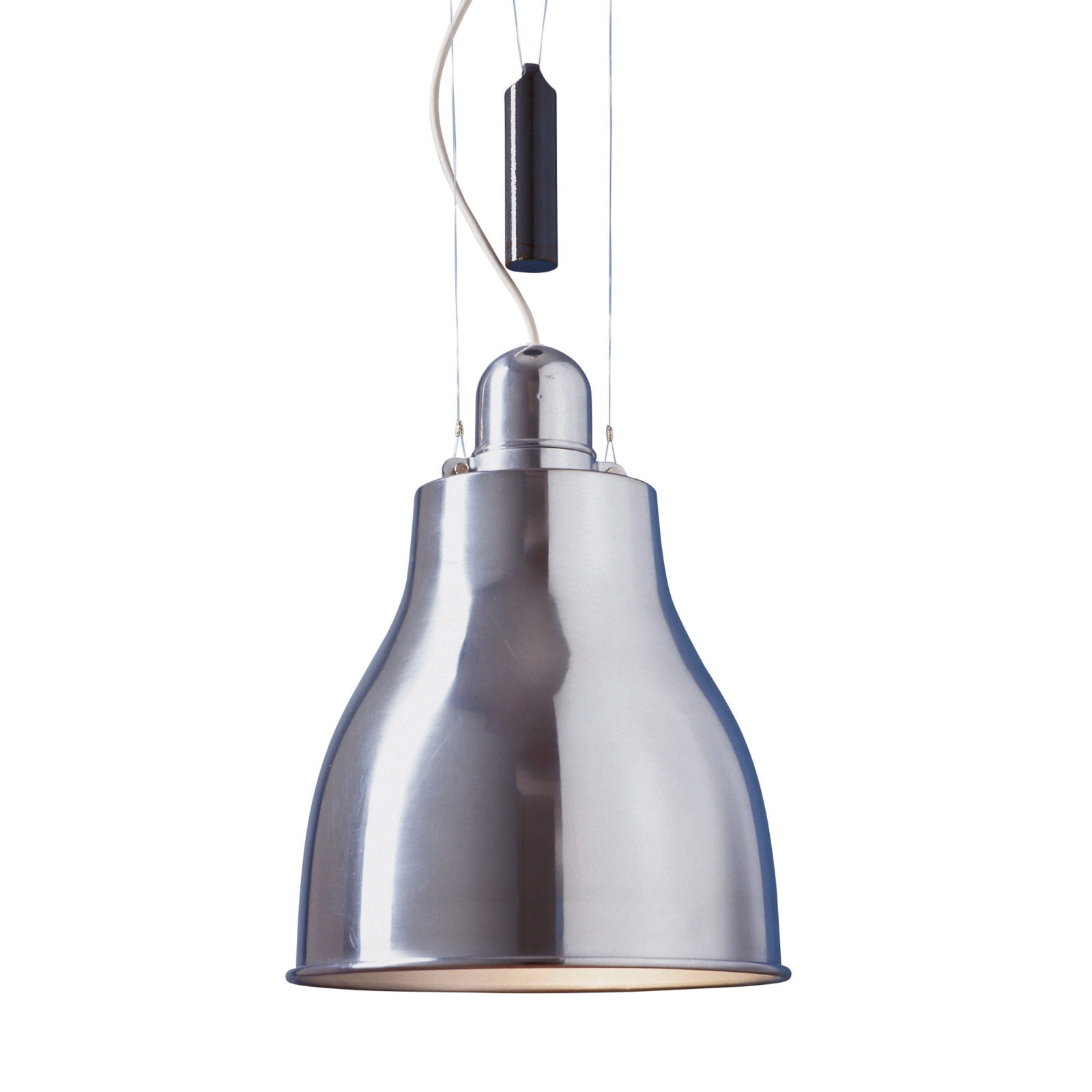 Pendant lamp reminiscent of an upside-down glass, made of polished, clear lacquered aluminium, TAKTER.