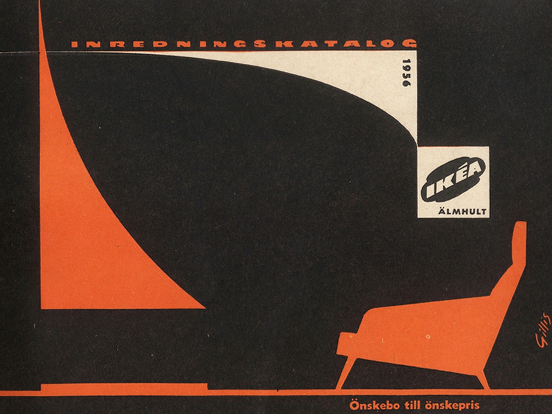 The 1956 IKEA catalogue with an illustrated motif in black, orange and offwhite depicting an armchair and the IKEA logo.
