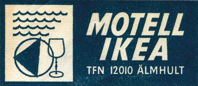 Blue and white logo with text Motell IKEA and illustration with wine glass, plate and waves.