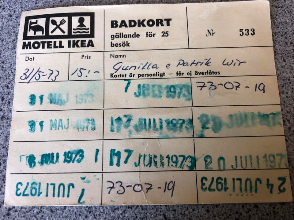 Close-up of stamp card with the text Motell IKEA, bathing card.