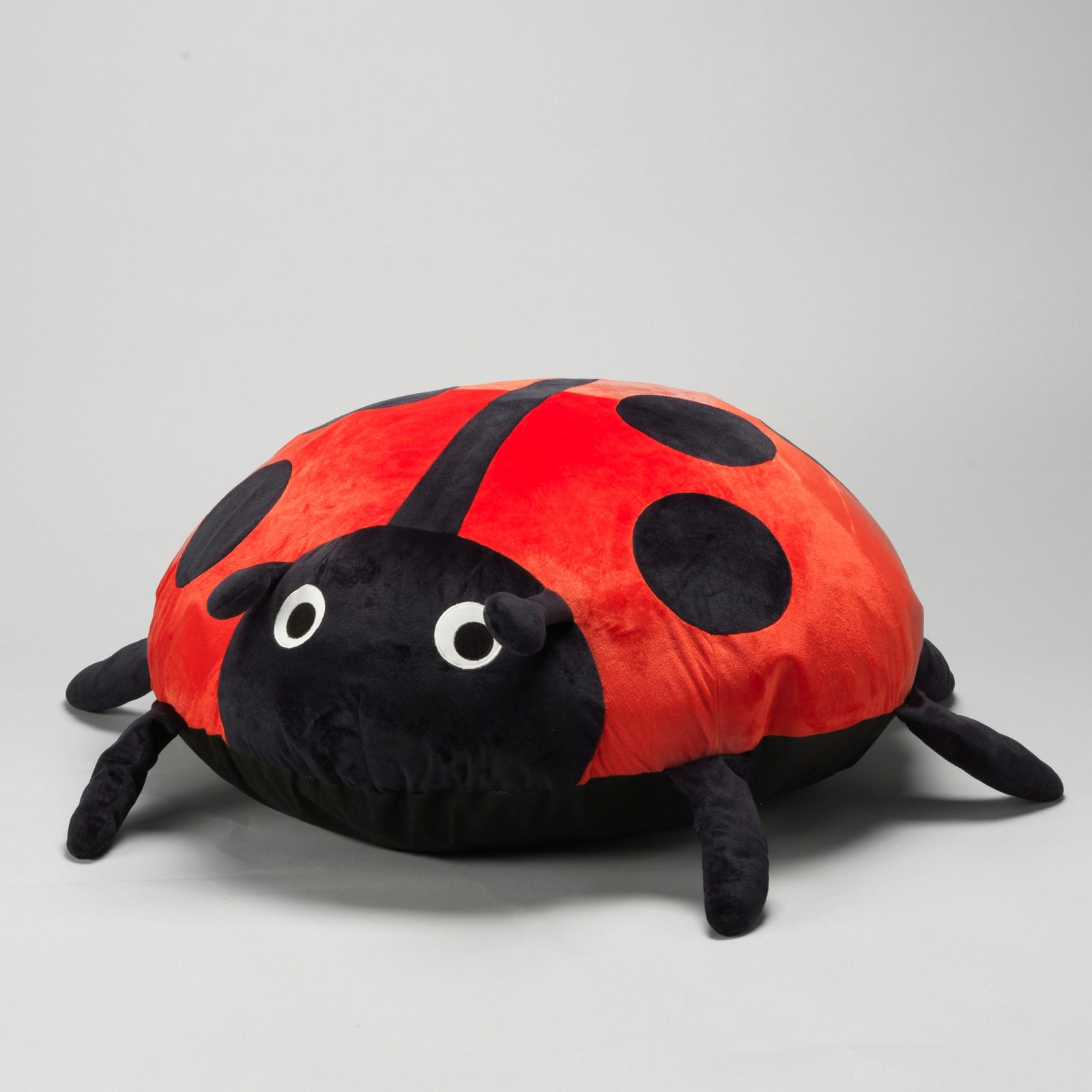 Pillow designed as a red and black ladybird with big round eyes.