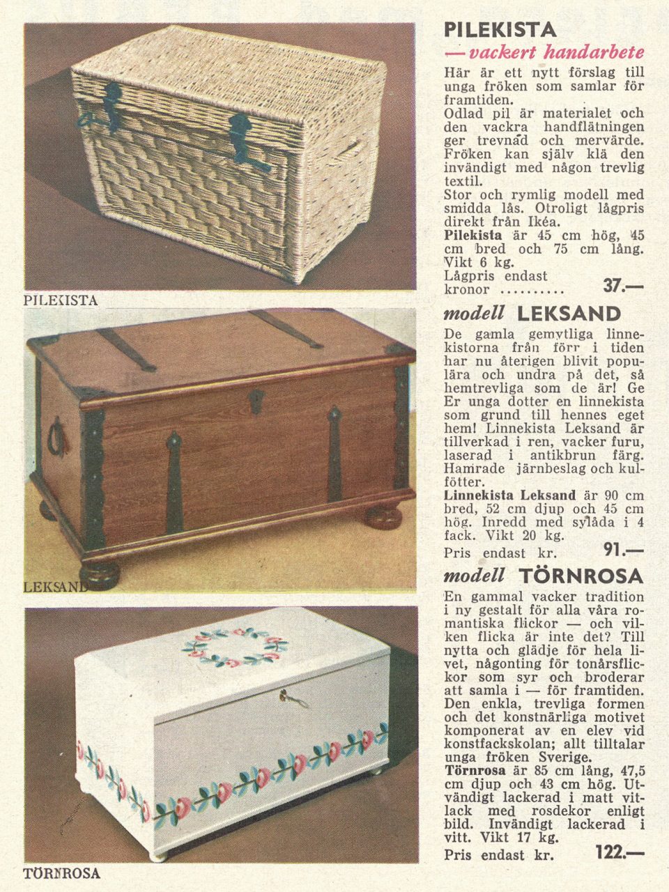 Three wooden chests in traditional style in the 1963 IKEA catalogue, in rattan, brown wood, and white with painted roses.