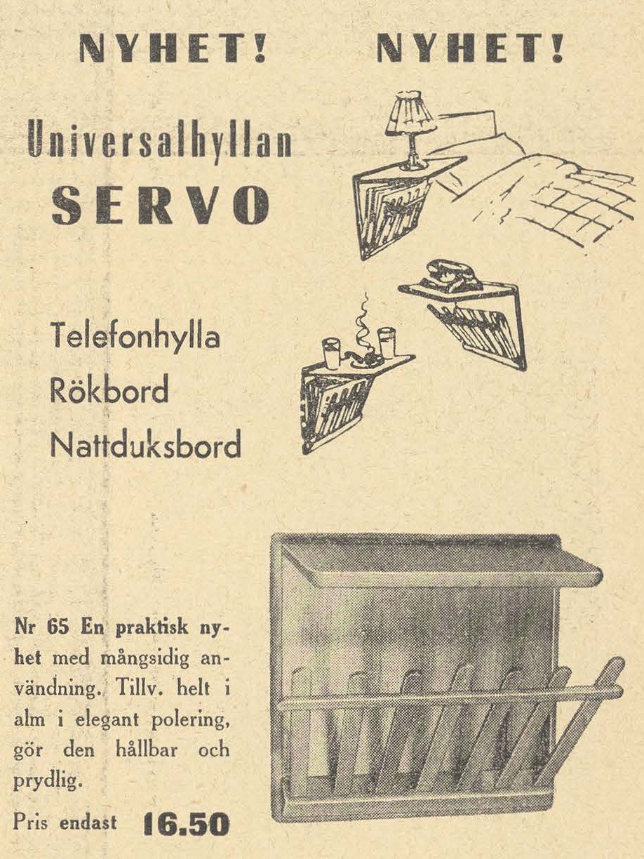 Tecknade bilder på liten vägghylla av trä som visar olika syften så som nattduksbord, hylla för rökdon, telefon.