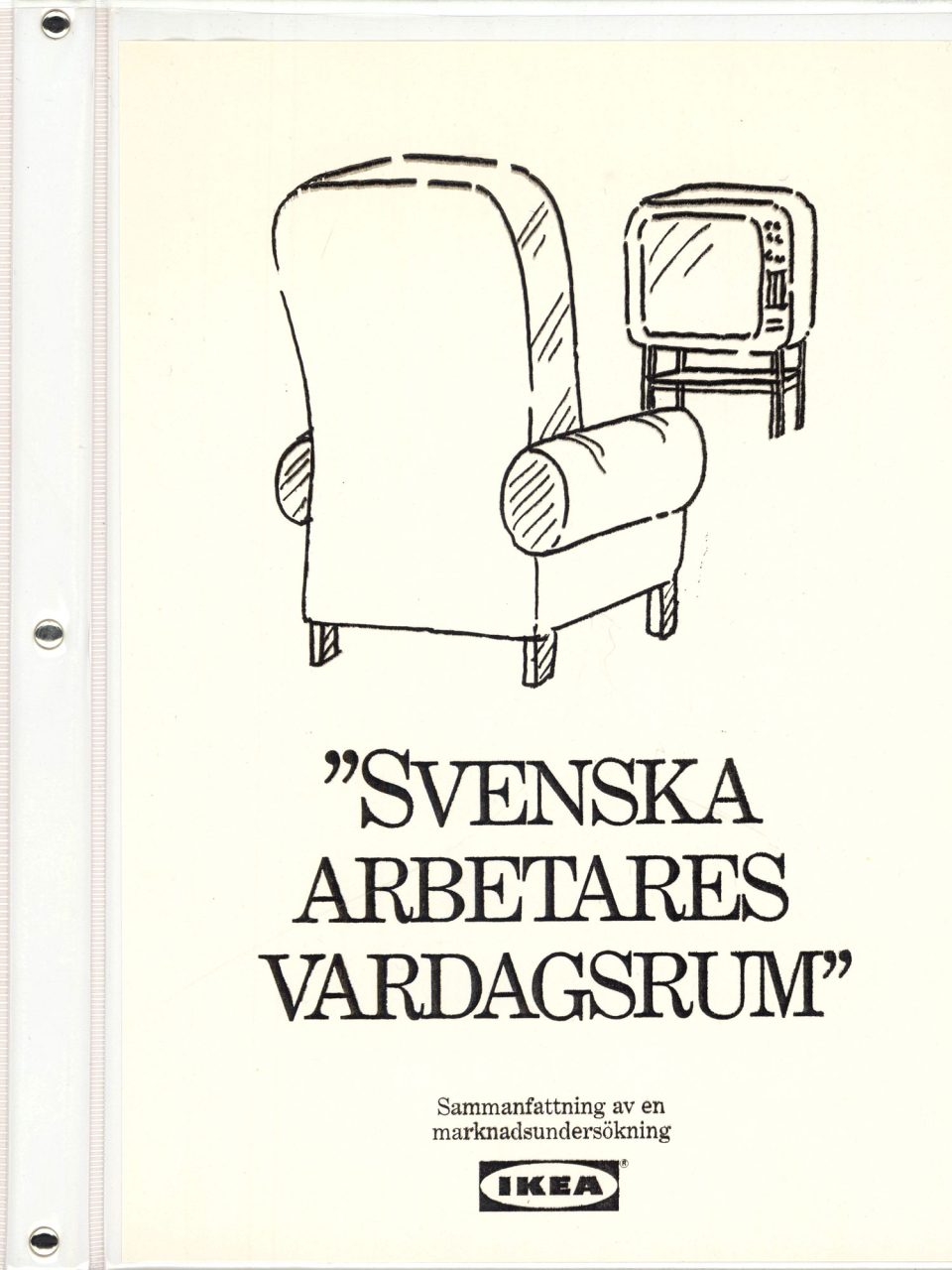 A binder cover shows a drawing of an armchair with the text 'Swedish Workers' Living Rooms.'