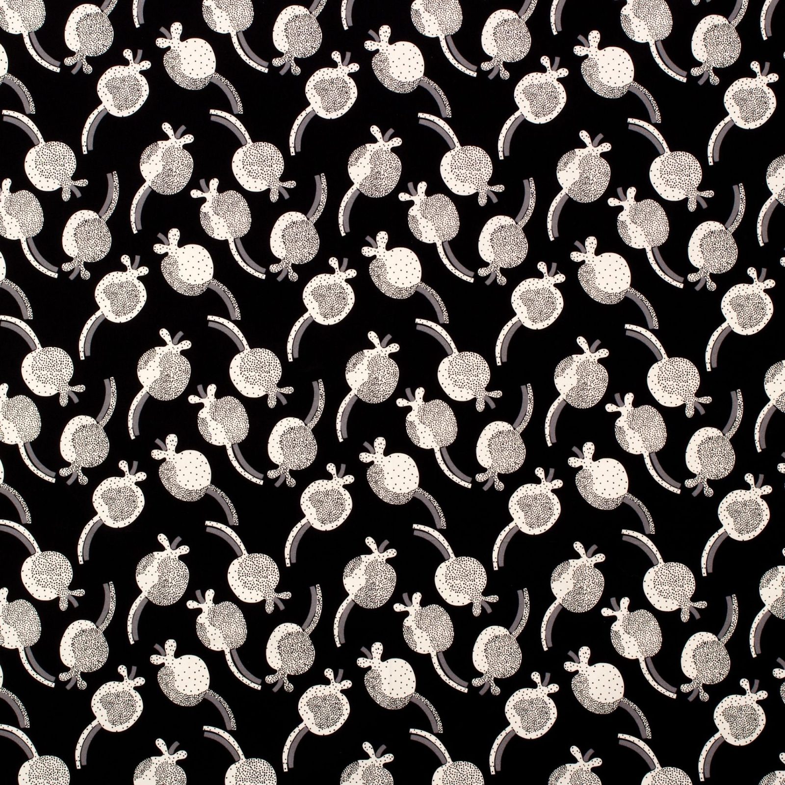 Stylised pattern with white berries on black background.