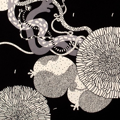 Intricate black and white pattern with white organic shapes on black.