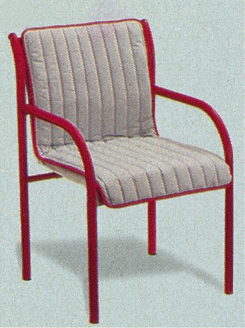 Simple armchair with grey seat and red steel frame.