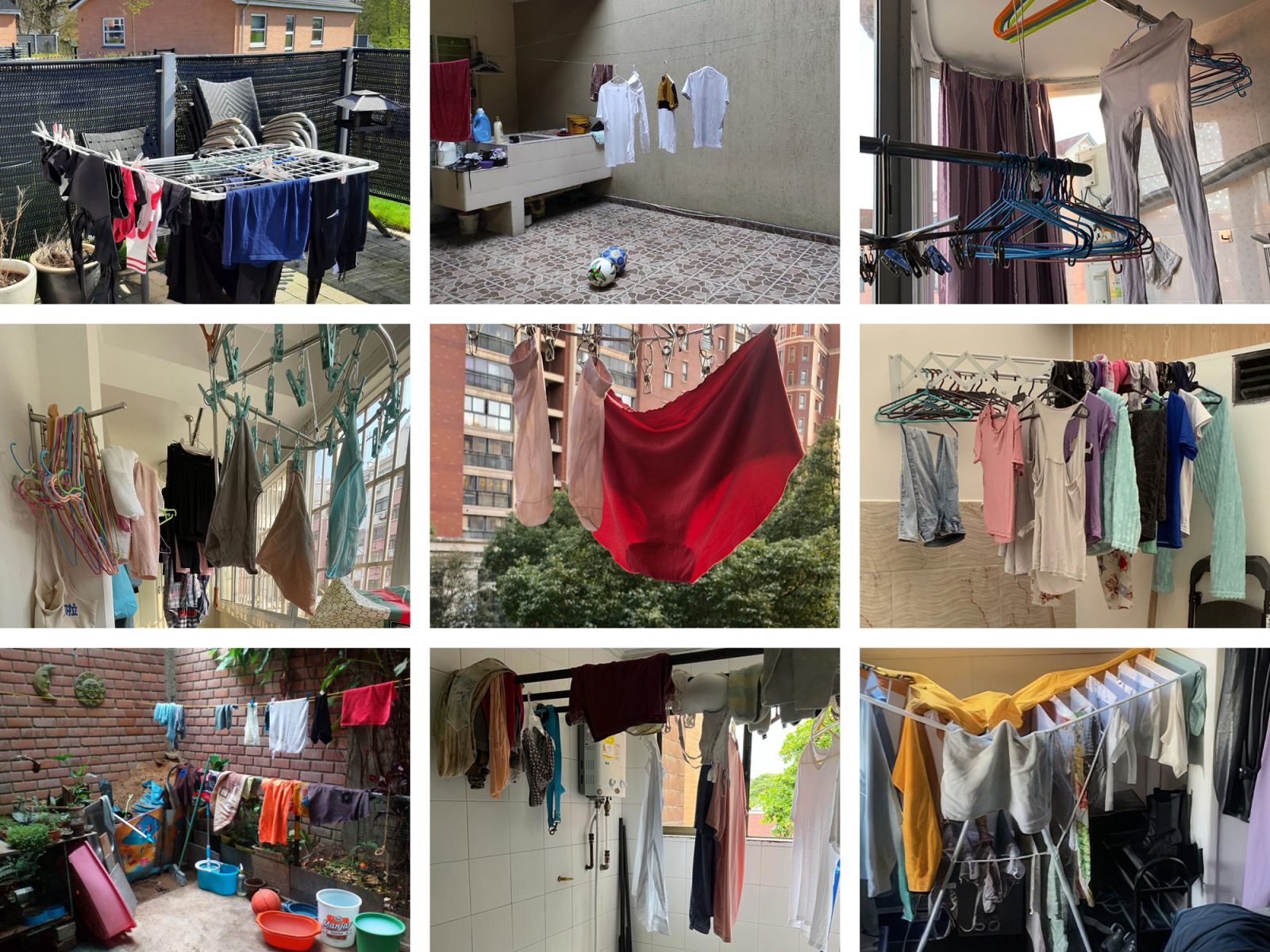 A collage shows nine images of different ways to hang and dry laundry around the world.