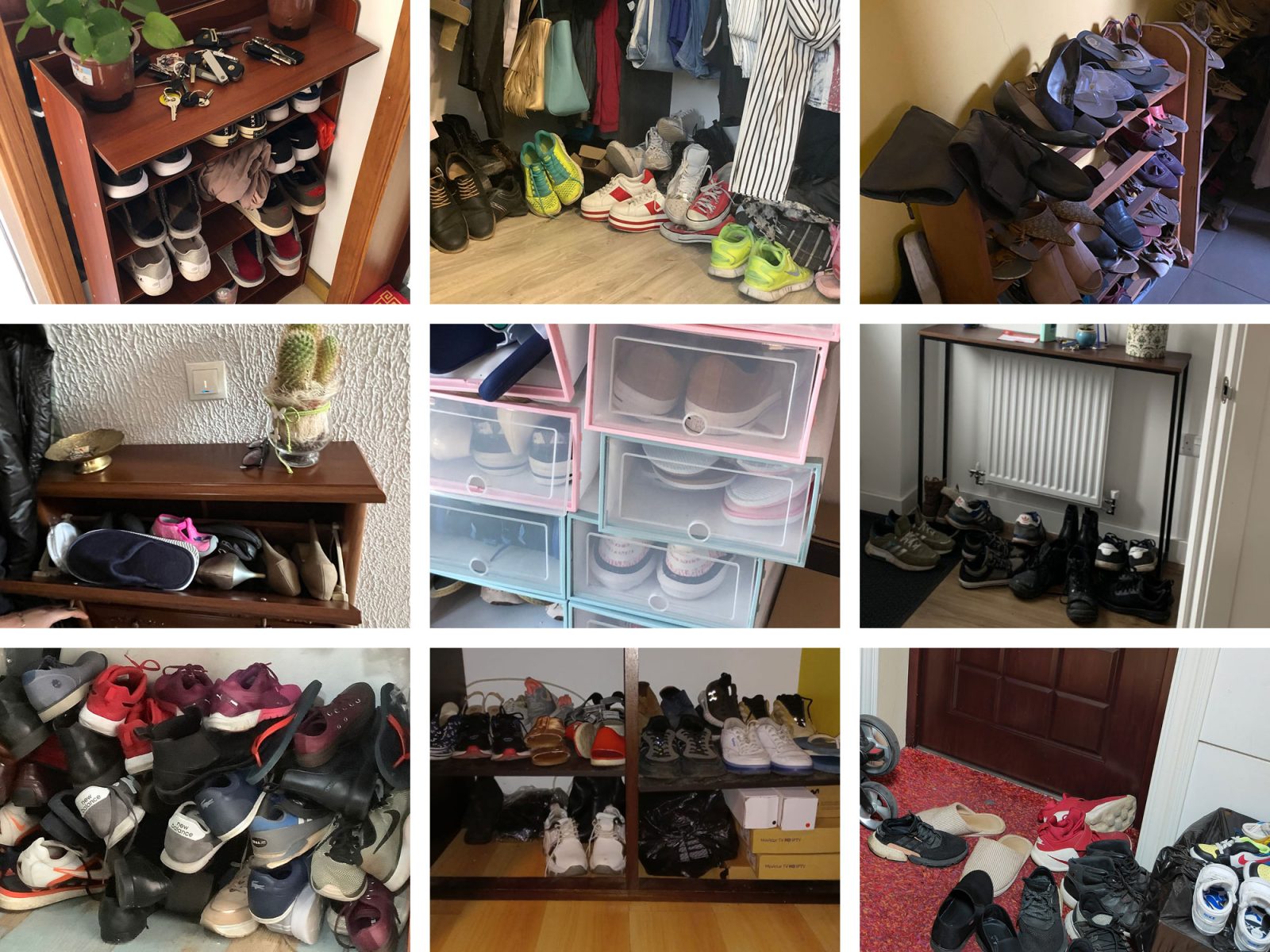 A collage shows nine images of various ways to organise shoes in a hallway, ranging from tidy to messy.