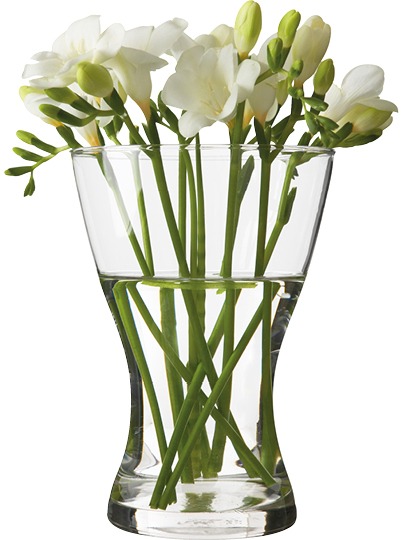 En enkel glasvas fylld med vita blommor, VASEN.