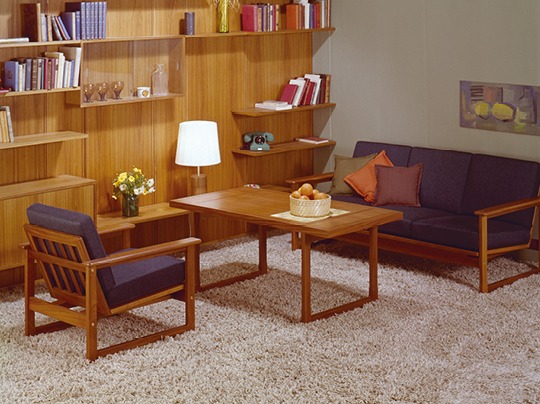 1960s living room with Scandinavian style tables and seating furniture with solid teak frames and loose cushions, FLORENS.