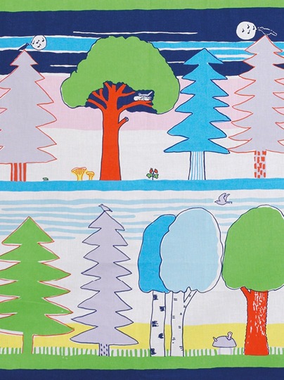 Pattern depicting different trees in a forest, in pastel colours against a cloudy sky, TASSA SKOG.