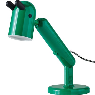 Green table lamp, shade looking like a character with pointy ears and black eyes, KRUX.