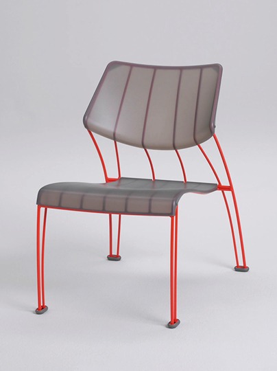 Chair with grey plastic seat and back and a red metal frame, IKEA PS HÄSSLÖ.