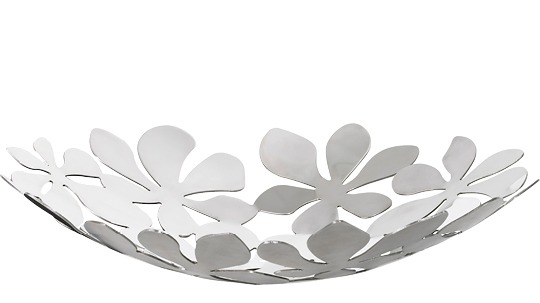 White metal bowl with an elegant, leaf-inspired see-through pattern.