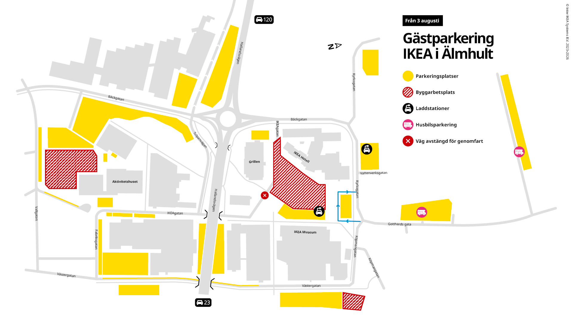 Karta som visar tillgängliga gästparkeringar från 3 Augusti.